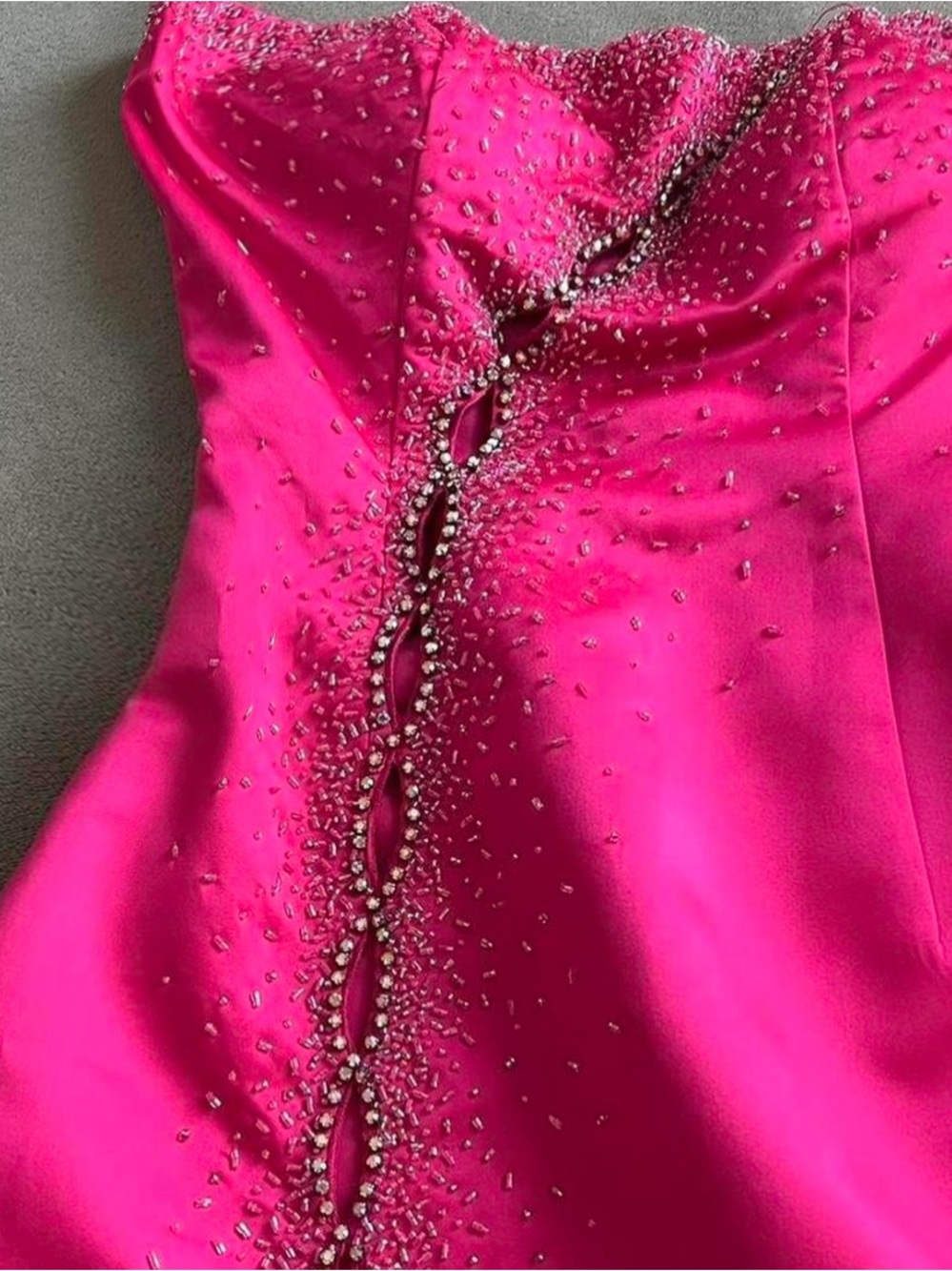 Vintage Y2K Caché Hot Pink Beaded Rhinestone Cutout Slit strapless Maxi Gown.
